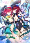  2girls absurdres animal_ears arm_around_shoulder bare_shoulders blue_eyes breasts bridal_gauntlets bug butterfly cleavage cleavage_cutout closed_mouth clothing_cutout commission covered_navel dress dual_persona eyes_visible_through_hair facial_mark fairy fairy_wings fake_animal_ears fake_tail fire_emblem fire_emblem_heroes flower hair_flower hair_ornament hair_over_one_eye hair_vines highres looking_at_viewer medium_hair michie_sticker midriff multiple_girls navel official_alternate_costume petals plant rabbit_ears rabbit_tail red_hair red_nails second-party_source short_dress smile tail triandra_(fire_emblem) triandra_(reverent_dream)_(fire_emblem) triandra_(spring)_(fire_emblem) vines wings 