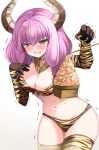  1girl absurdres animal_print arm_up aura_(sousou_no_frieren) balance_scale beans bikini blush braid breasts brown_background brown_gloves cleavage clenched_teeth commentary_request demon_horns detached_sleeves gloves gradient_background green_eyes hair_between_eyes hand_up highres holding horns long_sleeves medium_breasts navel pink_hair print_bikini print_sleeves print_thighhighs setsubun shibakame solo sousou_no_frieren sweat swimsuit teeth thighhighs tiger_print trembling weighing_scale white_background 