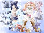  2girls alolan_ninetales blue_background blue_bow blue_eyes blue_skirt bow brown_footwear buneary character_request closed_mouth collarbone commentary crossover debt diancie dress drill_hair english_commentary full_body gloom_(pokemon) greatmothsucks hair_bow hand_on_own_hip highres multiple_girls ninetales official_alternate_costume orange_eyes orange_hair pokemon pokemon_(creature) sableye siblings sisters skirt sugimori_ken_(style) sunken_fossil_world touhou twin_drills white_dress yorigami_jo&#039;on yorigami_shion 