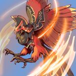  animal_focus beak bird bird_tail bird_wings black_feathers claws commentary eltehh english_commentary faleris feathers fire highres no_humans pal_(creature) palworld pyrokinesis red_feathers signature tail wings yellow_eyes 