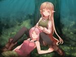  2girls against_tree alto_(fuurin) aria_(fuurin) blonde_hair boots breasts elf forest fuurin_(tukimitake) leather leather_boots long_hair medium_breasts medium_hair multiple_girls nature original outdoors pink_hair pointy_ears siblings sisters sleeping smile tree very_long_hair 