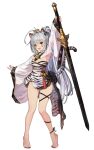  1girl animal_ear_fluff animal_ears animal_print antenna_hair asymmetrical_legwear bare_legs barefoot breasts brown_dust_2 dress full_body hair_between_eyes holding holding_sword holding_weapon long_hair looking_at_viewer nail_polish official_art open_mouth ponytail red_eyes scabbard second-party_source sheath sheathed shiny_skin shrug_(clothing) simple_background sleeveless sleeveless_dress small_breasts smile solo strapless strapless_dress sword tail tiger_ears tiger_print tiger_tail tiptoes toes very_long_hair weapon white_background white_hair wide_sleeves yuri_(brown_dust) 