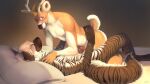 absurd_res anthro antlers bed blonde_hair blush bodily_fluids brown_body cherirumiko cum deer duo frottage furniture genital_fluids genitals hair hi_res horn hyena male male/male mammal nipples penile penis pillow romantic romantic_couple sex smile striped_hyena stripes tail