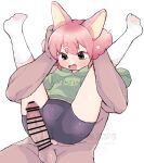  ! 1boy 1girl animal_ears bar_censor bike_shorts black_shorts blush censored clothed_female_nude_male green_eyes green_hoodie hood hoodie legs_up looking_at_penis looking_down nakajima_lupus nude open_mouth original penis pink_hair rabbit_ears rabbit_girl restrained short_hair shorts simple_background socks solo_focus spread_legs white_background white_socks 