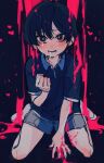  1boy azuma_naoki black_hair blood blush crying crying_with_eyes_open hara_pan-kun kneeling open_mouth short_hair shorts takopii_no_genzai tears 