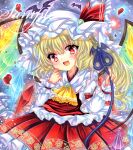  1girl ascot bat_(animal) blonde_hair brooch cowboy_shot crystal_wings embellished_costume fang flandre_scarlet hat jewelry laevatein_(touhou) long_hair long_sleeves looking_at_viewer marker_(medium) mob_cap open_mouth petals red_eyes red_skirt red_vest rui_(sugar3) sample_watermark skirt skirt_set smile solo touhou traditional_media vest watermark white_headwear yellow_ascot 