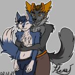 anthro black_nose blonde_hair blue_body blue_fur blue_hair brown_hair calm canid canine canis dipstick_tail domestic_cat duo ectomorph embrace felid feline felis fluffy fluffy_ears fluffy_tail fox fur grey_body grey_fur grey_tail hair hug hugging_from_behind hybrid jaycemutt love male male/male mammal markings neck_tuft nemejchyk nemejchyk_(artist) orange_hair simple_background size_difference slim smaller_male smile standing tail tail_markings tuft white_body white_chest_hair white_face white_fur white_tail_tip wolf yellow_eyes