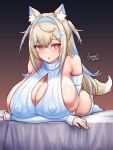 animal_humanoid band-aid bandage bed big_breasts blonde_hair blue_hair blush breasts canid canid_humanoid canine canine_humanoid canis clothing dog_humanoid domestic_dog erect_nipples female furniture fuwawa_abyssgard haganeryusuke hair hi_res hololive hololive_en huge_breasts humanoid long_hair lying mammal mammal_humanoid meme meme_clothing nipples on_front pink_eyes simple_background solo sweater topwear virgin_killer_sweater vtuber