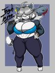  3:4 ahoge anthro athletic athletic_anthro athletic_female barefoot big_breasts blood bodily_fluids breasts canid canine cleavage clothed clothing club_(weapon) crop_top cropped_jacket ear_piercing ear_ring english_text fangs felid feline female front_view fur fur_collar grey_hair hair hand_on_hip hi_res holding_club holding_melee_weapon holding_object holding_weapon huge_breasts jacket jyto mammal melee_weapon midriff notched_ear piercing scar shirt signature simple_background solo spiked_club standing tem temmie_(undertale) text thick_thighs thong thong_straps topwear undertale underwear video_games weapon white_body white_fur wide_hips 
