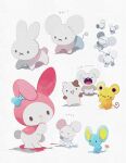  :3 :o animal_focus blue_bow bow character_request commentary_request dot_mouth full_body grey_background hand_on_own_face hand_up happy li04r miffy miffy_(character) mouse mr._flat my_melody no_humans open_mouth pokemon pokemon_(creature) rabbit sanrio simple_background solid_circle_eyes solid_oval_eyes standing tandemaus translation_request 