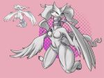 anthro anthrofied big_breasts blue_eyes blush breasts clothing crotch_tuft dragon feathers featureless_breasts female finger_to_mouth front_view generation_5_pokemon hand_on_breast kneeling legendary_pokemon looking_at_viewer nintendo one_eye_closed pokemon pokemon_(species) reshiram robcivecat seductive simple_background smile solo tail tuft white_body winged_arms wings wink