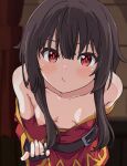  1girl belt belt_buckle black_gloves blush breasts brown_hair buckle collarbone downblouse dress extended_downblouse fingerless_gloves gloves hair_between_eyes highres kono_subarashii_sekai_ni_shukufuku_wo! long_sleeves looking_at_viewer megumin nipples no_bra off-shoulder_dress off_shoulder one_breast_out red_dress red_eyes short_hair_with_long_locks small_breasts solo tamaya 