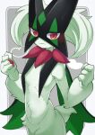  1girl body_fur border breasts cowboy_shot furry furry_female green_fur green_hair grey_background hands_up holding looking_at_viewer meowscarada nata_de_coco_(pankptomato) open_mouth pokemon pokemon_(creature) red_eyes smile white_border 