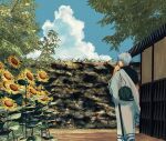  absurdres architecture belt cloud commentary day east_asian_architecture flower food fruit gintama hadanugi_dousa highres japanese_clothes kimono nature outdoors sakata_gintoki shooogun short_hair sky stone_wall sunflower sword symbol-only_commentary tree watermelon weapon white_hair wooden_sword 