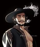  1boy artist_name beard black_background black_hair black_headwear black_jacket dracule_mihawk facial_hair hat_feather jacket one_piece one_piece_(live_action) open_clothes open_jacket orange_eyes romy_jones_(romyjonesdraws) short_hair simple_background solo upper_body 