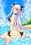  1girl antenna_hair ass azur_lane bangs bikini black_bikini black_choker black_ribbon blush breasts brown_eyes choker eyebrows_visible_through_hair flag_print from_behind gekato german_flag_bikini hair_ribbon highres large_breasts long_hair looking_at_viewer looking_back multicolored_hair open_mouth outdoors prinz_eugen_(azur_lane) prinz_eugen_(unfading_smile)_(azur_lane) red_hair ribbon silver_hair sitting solo streaked_hair swept_bangs swimsuit thigh_strap two_side_up very_long_hair water wet 