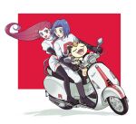  1boy 1girl atsumi_yoshioka blue_eyes blue_hair driving green_eyes james_(pokemon) jessie_(pokemon) meowth motor_vehicle pokemon pokemon_(anime) pokemon_(classic_anime) pokemon_(creature) red_background red_hair 