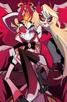  1boy 1girl blonde_hair charlie_morningstar colored_sclera demon demon_boy demon_girl demon_horns demon_tail demon_wings dress father_and_daughter hazbin_hotel highres horns jbs0 lifting_person looking_at_viewer lucifer_(hazbin_hotel) red_dress red_sclera suit tail thighhighs wings 