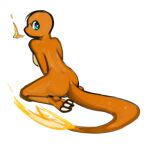 anthro breasts butt charmander claws featureless_breasts female fire flaming_tail generation_1_pokemon kneeling kyzarius looking_back nintendo nude orange_body orange_scales pokemon pokemon_(species) scales simple_background solo tail white_background