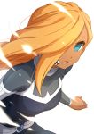  1girl absurdres blonde_hair blue_eyes bodysuit dark_skin dark_skinned_female grey_bodysuit hair_over_one_eye highres inazuma_eleven_(series) leaning_forward long_hair looking_at_viewer microphone one_eye_covered open_mouth reiza sekina simple_background solo standing white_background 