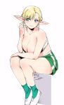  1girl bare_arms bare_shoulders black_footwear blonde_hair blue_eyes breasts cleavage closed_mouth collarbone elf elf-san_wa_yaserarenai. erufuda-san green_shorts green_socks hand_up large_breasts plump pointy_ears relaxjon shoes shorts sideways_glance simple_background sitting smile socks solo strapless tube_top updo white_background white_footwear white_tube_top 