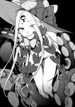  1girl abigail_williams_(fate) abigail_williams_(third_ascension)_(fate) bow bowtie fate/grand_order fate_(series) full_body greyscale hat hat_bow highres keyhole leaning_forward long_hair looking_at_viewer monochrome noz_2to parted_bangs simple_background smile solo tentacles third_eye witch_hat 