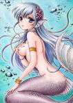  1girl air_bubble armlet bangle bracelet breasts bubble cof2toto coral_hair_ornament fins from_side grey_eyes grey_hair head_fins jewelry long_hair looking_at_viewer mermaid monster_girl original solo traditional_media underwater 