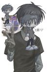  1boy brown_hair brown_shirt chibi chibi_inset covered_face grey_hair highres original shirt solo v white_background yuutsu_(umrs8555) 