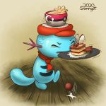  1:1 anthro armless beverage bodily_fluids cafe cake coffee coffee_cup cup dessert eyes_closed food male nintendo object_in_mouth pok&eacute;mon pok&eacute;mon_(species) sanngot scarf solo sweat tray video_games waiter wooper 