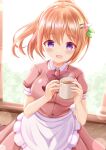  1girl :d apron bangs blush bow brown_hair brown_shirt brown_skirt coffee collared_shirt commentary_request cup dress_shirt eyebrows_visible_through_hair frilled_apron frills gochuumon_wa_usagi_desu_ka? hair_between_eyes hair_ornament hairclip highres holding holding_cup hoto_cocoa indoors looking_at_viewer mug pleated_skirt ponytail puffy_short_sleeves puffy_sleeves purple_eyes red_bow shirt short_sleeves skirt smile solo steam uniform waist_apron waitress white_apron window zenon_(for_achieve) 