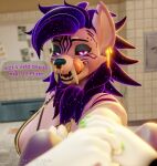 3d_(artwork) absurd_res ambiguous_gender anthro asphyxiation bathroom bikini bikini_top black_sclera blender_(software) choking claws clothing cosmic_hair digital_media_(artwork) duo ear_piercing ear_ring ethereal_hair eyeshadow facial_piercing fangs female first_person_view fur hair hi_res hyena hyenid_(alber) imminent_vore lifting_partner looking_at_viewer makeup mammal mane nose_piercing open_mouth paws piercing purple_body purple_eyes purple_fur purple_hair purple_stripes ring_piercing sabertooth_(anatomy) septum_piercing size_difference speech_bubble stripes struggling submissive submissive_pov swimwear teeth text threatening_vore tongue tongue_out vore vrchat zushou zushou_(character)