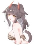  1girl absurdres animal_ears animal_print bare_shoulders breasts brown_hair cat_ears cat_girl cat_tail cropped_torso demon_horns facial_mark final_fantasy final_fantasy_xiv from_side high_ponytail highres horns large_breasts leopard_print long_hair looking_at_viewer miqo&#039;te red_horns sana_(sanamaru_0w0) sidelocks simple_background slit_pupils solo tail tearing_up warrior_of_light_(ff14) whisker_markings white_background yellow_eyes 