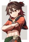  1boy bishounen brown_eyes brown_hair chinese_clothes closed_mouth clothes_lift gaming_(genshin_impact) genshin_impact hair_between_eyes highres hood iroiro_0w0 long_hair looking_at_viewer male_focus midriff multicolored_hair navel pants red_hair shirt shirt_lift stomach vision_(genshin_impact) 