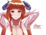  1girl arknights arms_behind_head arms_up bagpipe_(arknights) blunt_bangs breasts commentary horns josh_hutcherson_whistle_edit_(meme) large_breasts long_hair looking_at_viewer maikeruexe meme open_clothes open_shirt orange_hair purple_eyes shirt smile solo upper_body very_long_hair white_background white_shirt 