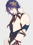  1boy aqueasirius armpits bishounen cowboy_shot dr._ratio_(honkai:_star_rail) hair_ornament honkai:_star_rail honkai_(series) male_focus purple_eyes purple_hair red_ribbon ribbon short_hair simple_background solo toned toned_male white_background yellow_leaves 