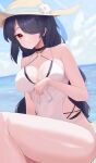  1girl absurdres bare_shoulders black_hair blue_archive blush breasts casual_one-piece_swimsuit cleavage closed_mouth clothing_cutout covered_navel day hair_over_one_eye hat highres hinata_(blue_archive) hinata_(swimsuit)_(blue_archive) large_breasts legs long_hair looking_at_viewer nvem8738 ocean official_alternate_costume one-piece_swimsuit one_eye_covered outdoors red_eyes side_cutout solo sun_hat swimsuit thighs white_one-piece_swimsuit 