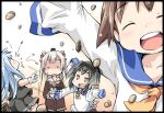  4girls amatsukaze_(kancolle) beans black_vest blue_hair blue_sailor_collar brown_dress dress grey_skirt hair_tubes ham_(points) hat hatsukaze_(kancolle) kantai_collection long_hair mini_hat multiple_girls neckerchief open_mouth round_teeth sailor_collar sailor_dress shirt skirt sleeves_past_fingers sleeves_past_wrists teeth throwing tied_dress tokitsukaze_(kancolle) two_side_up upper_teeth_only vest white_dress white_hair white_sailor_collar white_shirt yellow_neckerchief yukikaze_(kancolle) 