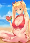  .live :p beach bikini blonde_hair blurry blurry_background breasts cleavage collarbone food fruit green_eyes hair_between_eyes hair_ornament highres kongou_iroha large_breasts looking_at_viewer navel ocean sand sitting sky swimsuit tipo_(tipoplaza) tongue tongue_out twintails virtual_youtuber watermelon 