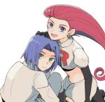  atsumi_yoshioka blue_eyes blue_hair green_eyes happy james_(pokemon) jessie_(pokemon) on_floor open_mouth pokemon pokemon_(anime) pokemon_(classic_anime) red_hair sitting smile white_background worried 