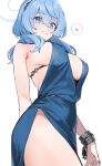  1girl 92m ako_(blue_archive) ako_(dress)_(blue_archive) backless_dress backless_outfit bare_shoulders blue_archive blue_dress blue_eyes blue_hair blush breasts chain cleavage cuffs dress hair_between_eyes hairband halo highres large_breasts looking_at_viewer medium_hair shackles sideboob smile solo 