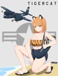  1girl aircraft airplane animal_ears animal_print atamonica bag bandeau beach black_shorts breasts english_commentary english_text f7f_tigercat flip-flops grey_background holding holding_bag large_breasts looking_at_viewer medium_hair midriff military_vehicle navel on_one_knee orange_bandeau orange_hair original personification sandals shorts shoulder_bag smile solo squatting tail tiger_ears tiger_girl tiger_print tiger_tail united_states_navy v-shaped_eyebrows vehicle_and_personification vehicle_name yellow_eyes 