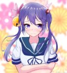  1girl absurdres akebono_(kancolle) alternate_hairstyle animal_on_head bell blue_sailor_collar blurry blurry_background crossed_arms embarrassed floral_background flower hair_bell hair_flower hair_ornament highres jingle_bell kantai_collection long_hair on_head purple_eyes purple_hair rabbit rabbit_on_head sailor_collar sailor_shirt school_uniform serafuku shirt solo twintails_day upper_body white_shirt yoko_hata 