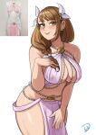  1girl absurdres alternate_costume bare_shoulders blush braid braided_ponytail breasts brown_eyes brown_hair chain cleavage cowboy_shot dancer deliciousbrain fire_emblem fire_emblem_engage goldmary_(fire_emblem) hair_ornament hair_ribbon hand_on_own_chest harem_outfit highres jewelry large_breasts leaning_forward long_hair looking_at_viewer low_ponytail navel pelvic_curtain revealing_clothes ribbon signature smile solo stomach thighs white_background white_ribbon 