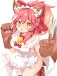  1girl animal_ears apron bell bell_collar bow breasts cleavage collar fate/grand_order fate_(series) fox_ears fox_girl fox_tail gloves hair_bow holding holding_knife jingle_bell knife long_hair looking_at_viewer medium_breasts naked_apron paw_gloves paws pink_hair ponytail red_bow rururiaru simple_background solo tail tamamo_(fate)_(all) tamamo_cat_(fate) white_apron white_background yellow_eyes 