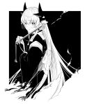  1girl back_bow blush bow closed_mouth dragon_horns fate/grand_order fate_(series) folding_fan greyscale hand_fan highres holding holding_fan horns japanese_clothes kimono kiyohime_(fate) kiyohime_(third_ascension)_(fate) long_sleeves looking_at_viewer monochrome noz_2to obi sash simple_background smile smoke solo upper_body wide_sleeves 