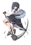  1girl ahoge ankle_strap arknights bare_shoulders black_footwear black_gloves black_hair black_jacket black_shirt black_shorts blue_eyes bow closed_mouth expressionless falling_feathers fingerless_gloves fur-trimmed_jacket fur_trim gloves hair_bow hair_intakes hair_ornament hairclip highres holding holding_scythe invisible_chair jacket knees_together_feet_apart la_pluma_(arknights) long_bangs long_sleeves looking_at_viewer medium_hair off_shoulder sandals scythe shirt short_shorts shorts sidelocks simple_background sitting sleeveless sleeveless_shirt solo sparkle suancai_pian_pian_yu thigh_strap white_background white_bow 