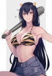  bikini bikini_top_only black_hair breasts cleavage club_(weapon) highres holding holding_weapon kantai_collection kasumi_(skchkko) large_breasts long_hair looking_at_viewer nagato_(kancolle) navel red_eyes short_shorts shorts simple_background smile sparkle spiked_club swimsuit weapon 