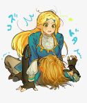  1boy 1girl black_gloves blonde_hair blue_shirt blush couple ear_blush fingerless_gloves girl_on_top gloves green_eyes hetero highres link long_hair lying open_mouth pointy_ears princess_zelda shanodesu shirt short_hair simple_background sweat the_legend_of_zelda white_background 