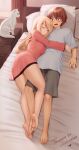  1boy 1girl absurdres barefoot bed blonde_hair blush brown_eyes brown_hair cat closed_eyes commission hand_on_another&#039;s_back highres hug kanda_sorata long_hair lying on_back on_side open_mouth pillow sakura-sou_no_pet_na_kanojo shiina_mashiro short_hair shorts sleeping torusava 