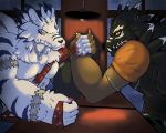  5:4 abs arm_wrestling black_body black_fur canid canine canis clenched_teeth clothed clothing colored commission_art digimon digimon_(species) duo ear_piercing eye_contact fur furniture hair hi_res humanoid_hands inside looking_at_another male male/male mammal muscular muscular_male pecs piercing scar shadowweregarurumon table teeth unknown_artist video_games weregarurumon white_body white_fur wolf yellow_eyes 